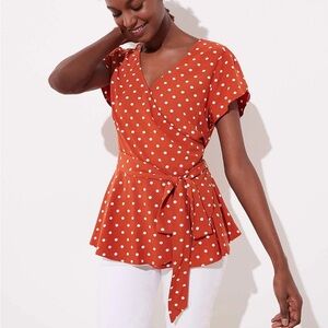 Loft Women's Small Petite Burnt Orange Red Polka Dot Peplum Wrap Tie Top
